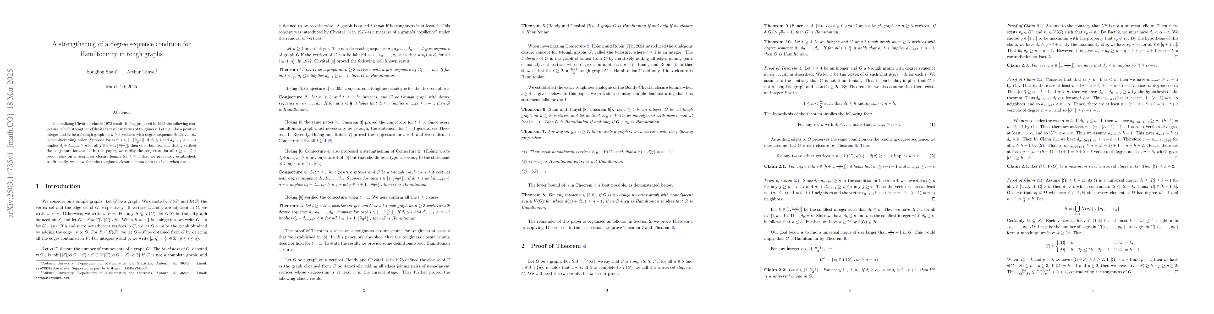 Thumbnail for A strengthening of a degree sequence condition for Hamiltonicity in
  tough graphs