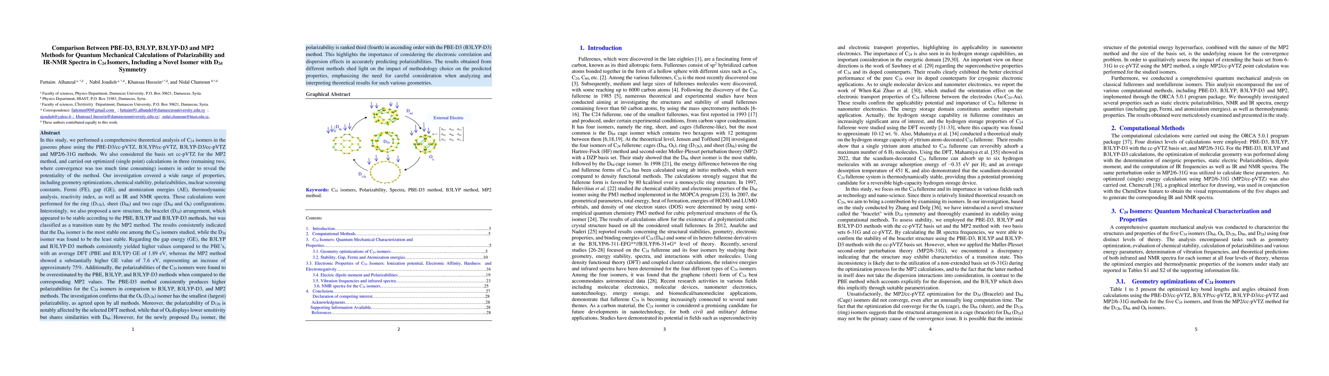 Thumbnail for Comparison between PBE-D3, B3LYP, B3LYP-D3 and MP2 Methods for quantum
  mechanical calculations of polarizability and IR-NMR spectra in C24 isomers,
  including a novel isomer with D2d symmetry