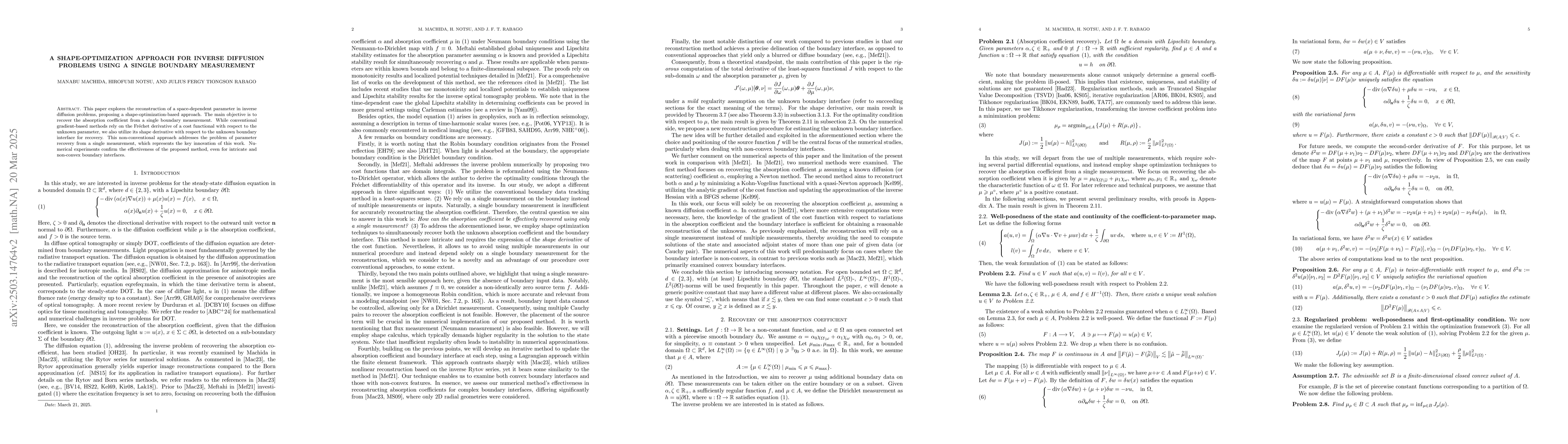 Thumbnail for A shape-optimization approach for inverse diffusion problems using a
  single boundary measurement