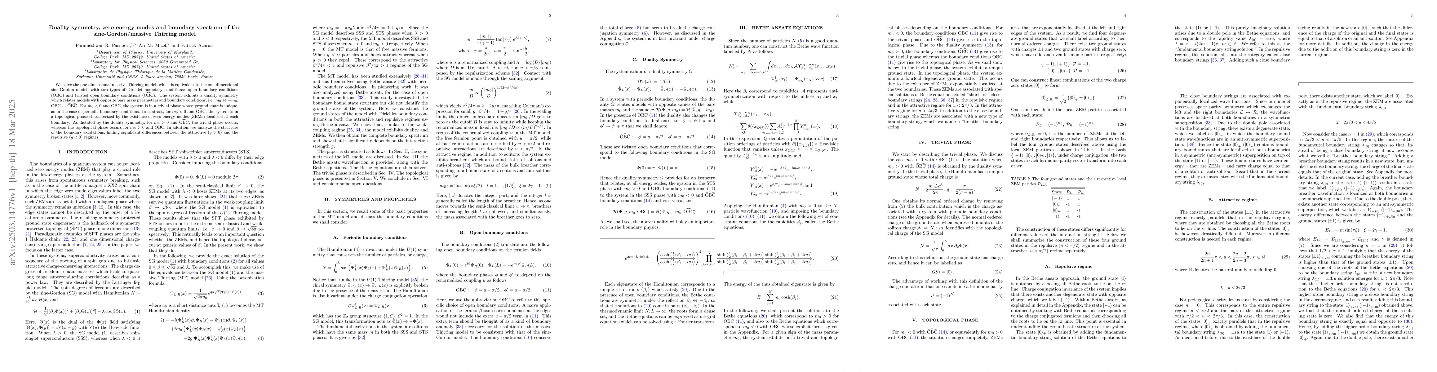 Thumbnail for Duality symmetry, zero energy modes and boundary spectrum of the
  sine-Gordon/massive Thirring model