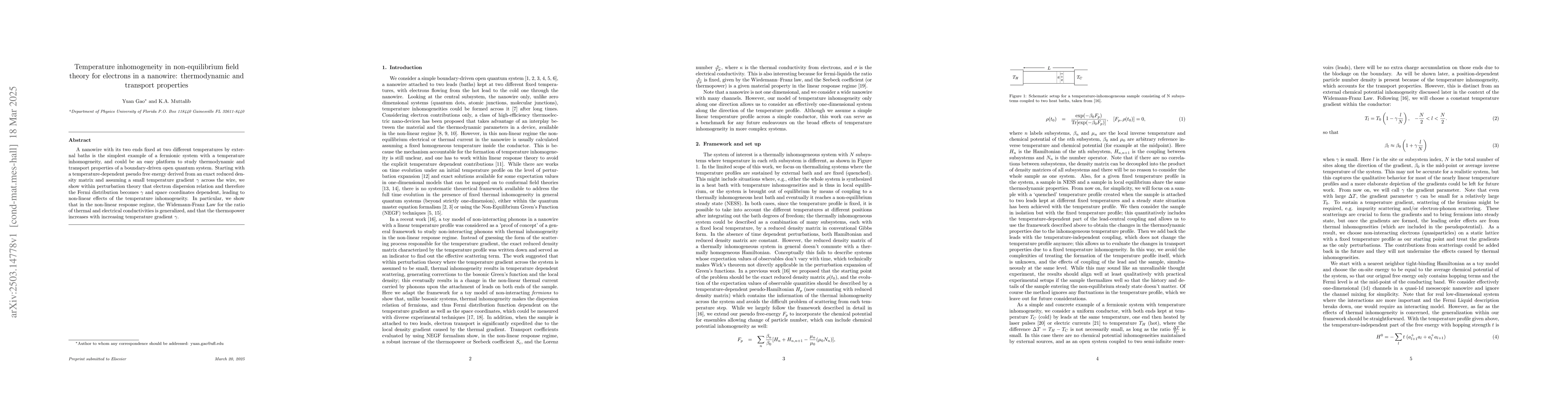 Thumbnail for Temperature inhomogeneity in non-equilibrium field theory for electrons
  in a nanowire: thermodynamic and transport properties