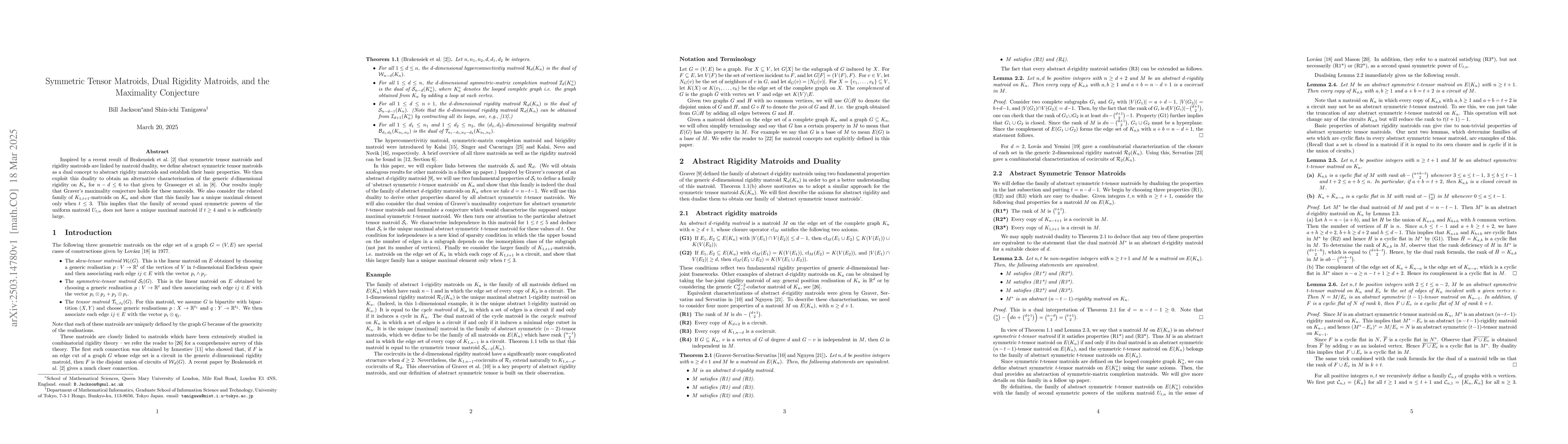 Thumbnail for Symmetric Tensor Matroids, Dual Rigidity Matroids, and the Maximality
  Conjecture