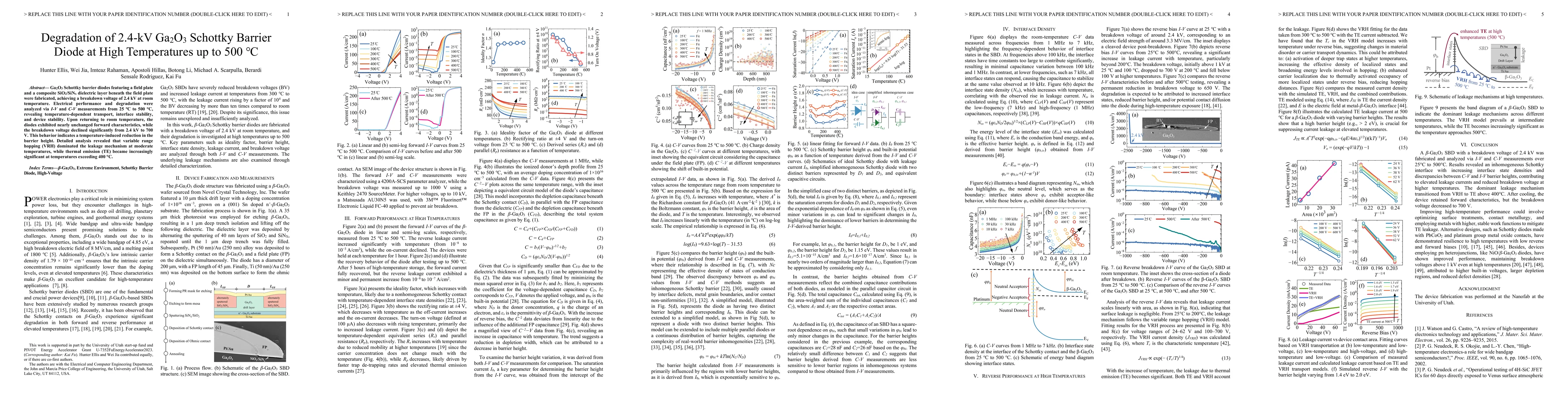 Thumbnail for Degradation of 2.4-kV $Ga_{2}O_{3}$ Schottky Barrier Diode at High
  Temperatures up to 500 °C