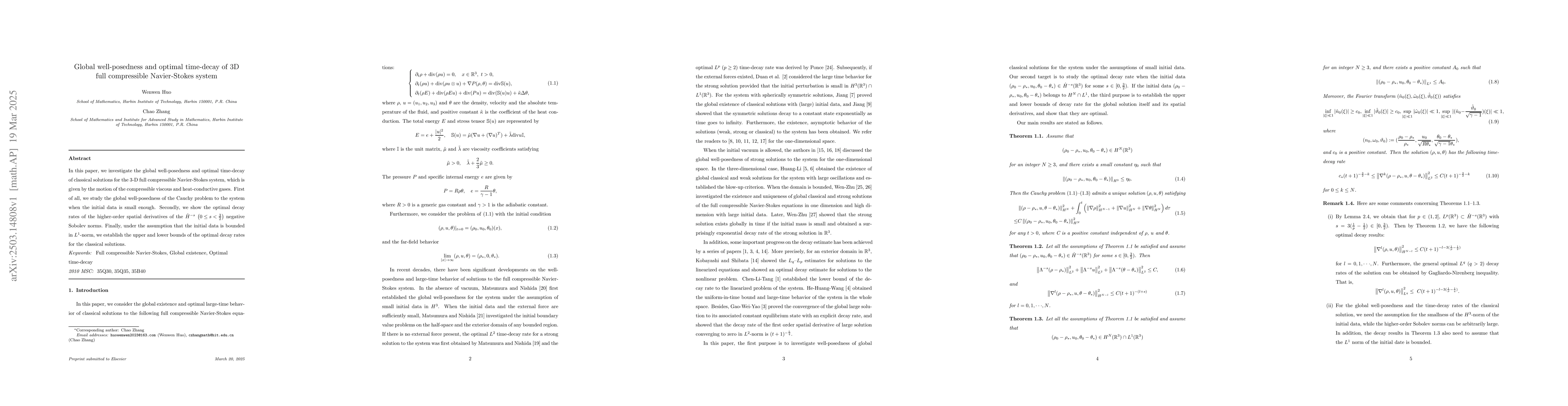 Thumbnail for Global well-posedness and optimal time-decay of 3D full compressible
  Navier-Stokes system