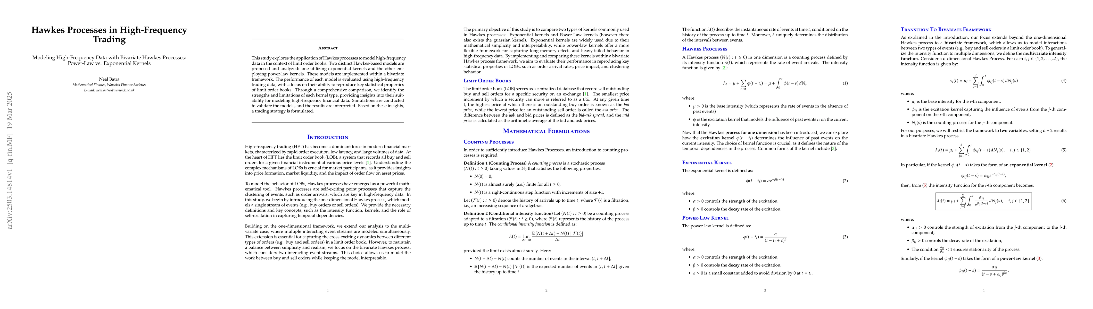 Thumbnail for Modelling High-Frequency Data with Bivariate Hawkes Processes: Power-Law
  vs. Exponential Kernels