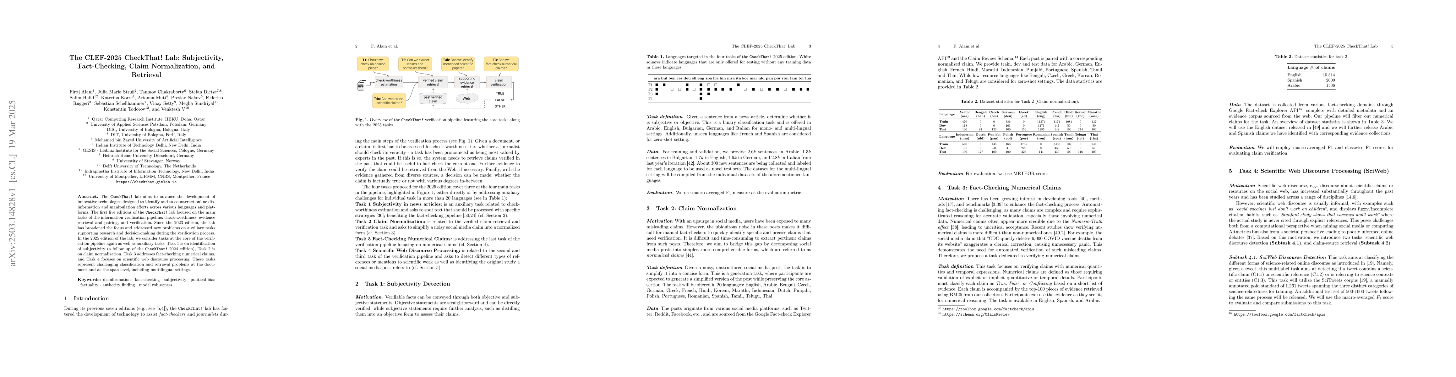 Thumbnail for The CLEF-2025 CheckThat! Lab: Subjectivity, Fact-Checking, Claim
  Normalization, and Retrieval