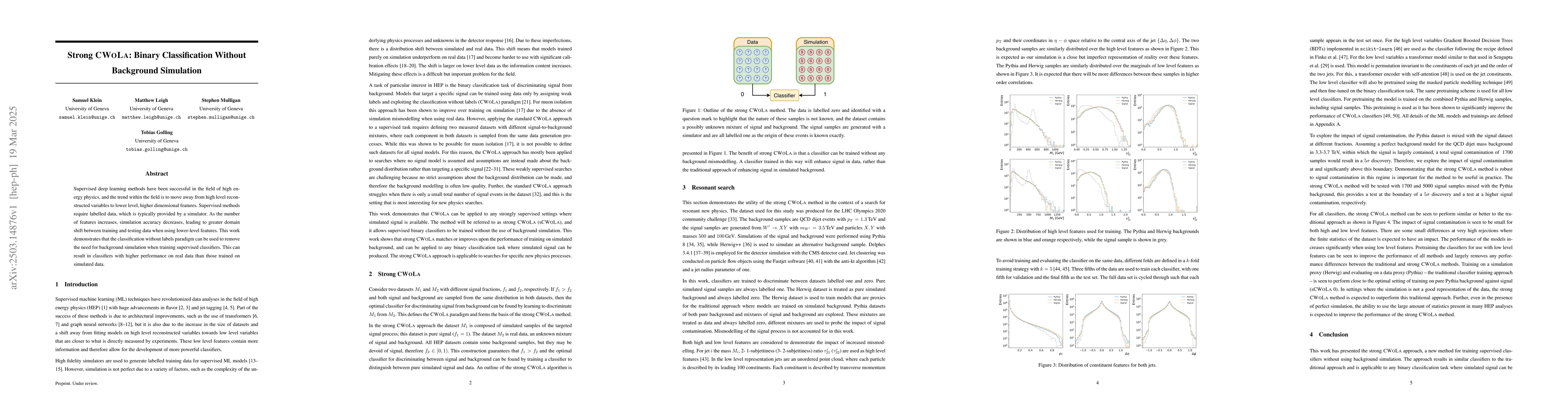 Thumbnail for Strong CWoLa: Binary Classification Without Background Simulation