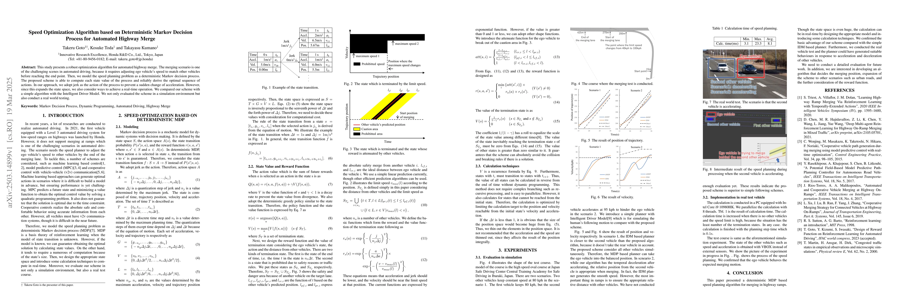 Thumbnail for Speed Optimization Algorithm based on Deterministic Markov Decision
  Process for Automated Highway Merge