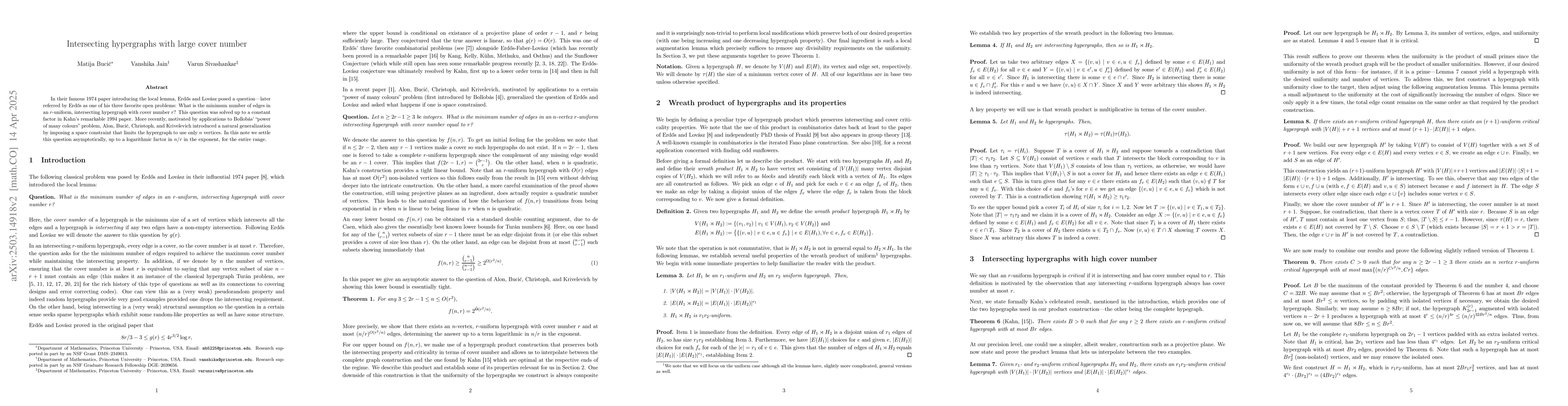 Thumbnail for Intersecting hypergraphs with large cover number