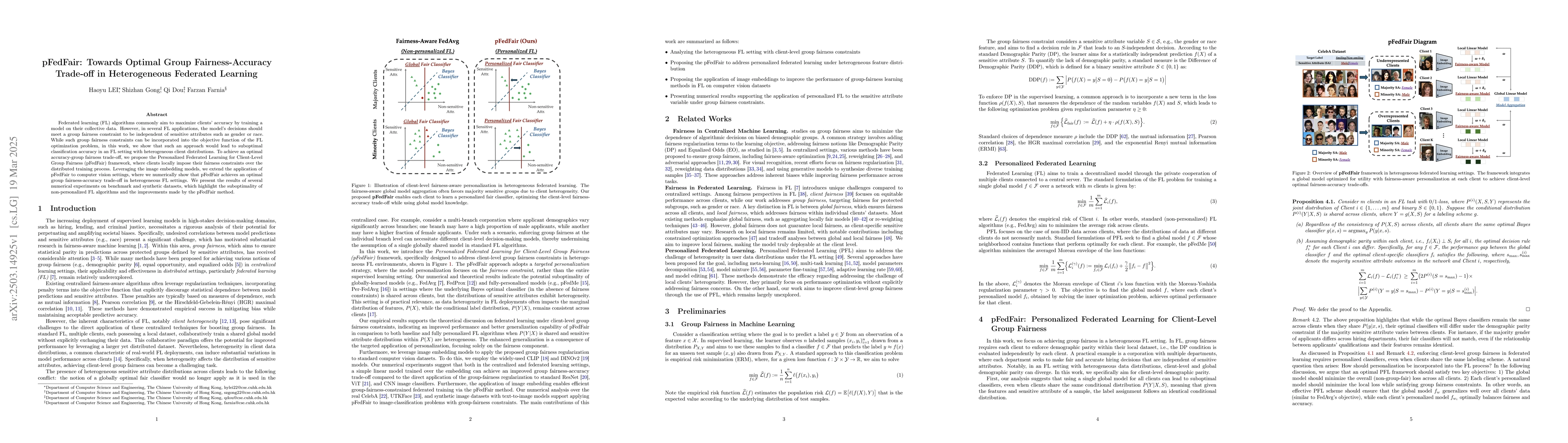 Thumbnail for pFedFair: Towards Optimal Group Fairness-Accuracy Trade-off in
  Heterogeneous Federated Learning