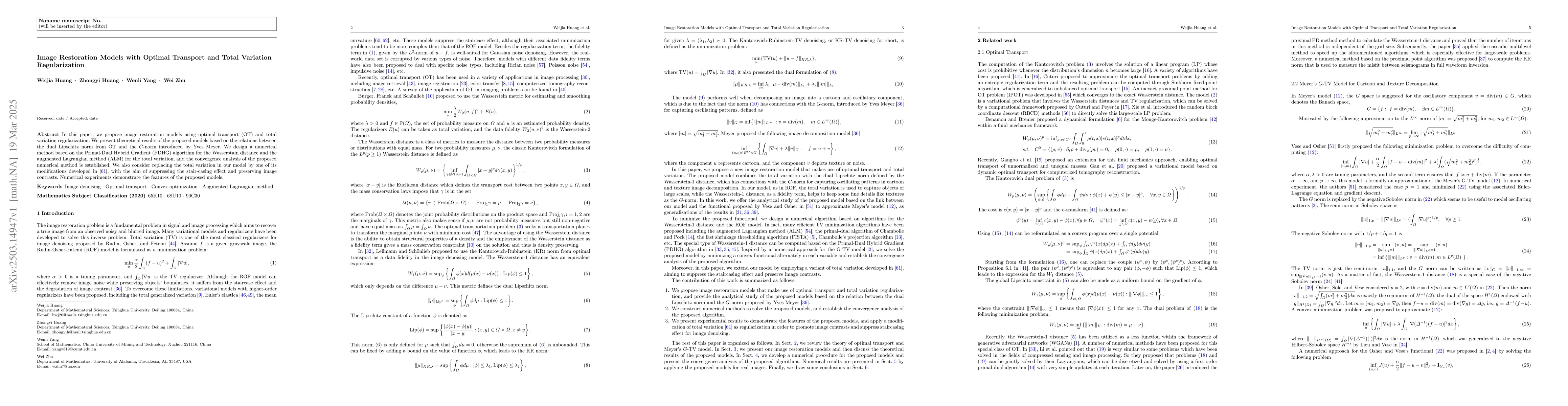 Thumbnail for Image Restoration Models with Optimal Transport and Total Variation
  Regularization