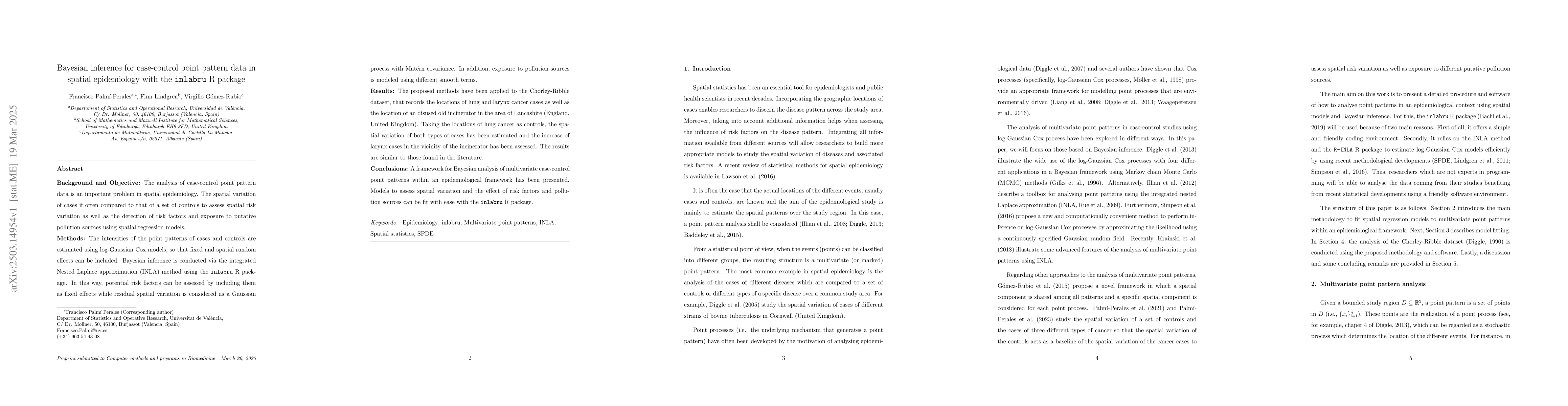 Thumbnail for Bayesian inference for case-control point pattern data in spatial
  epidemiology with the \texttt{inlabru} R package