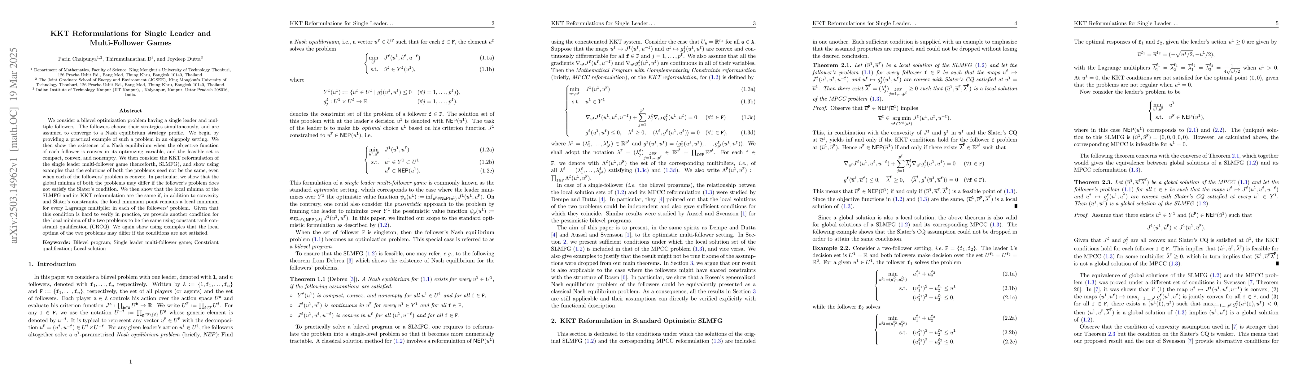 Thumbnail for KKT Reformulations for Single Leader and Multi-Follower Games