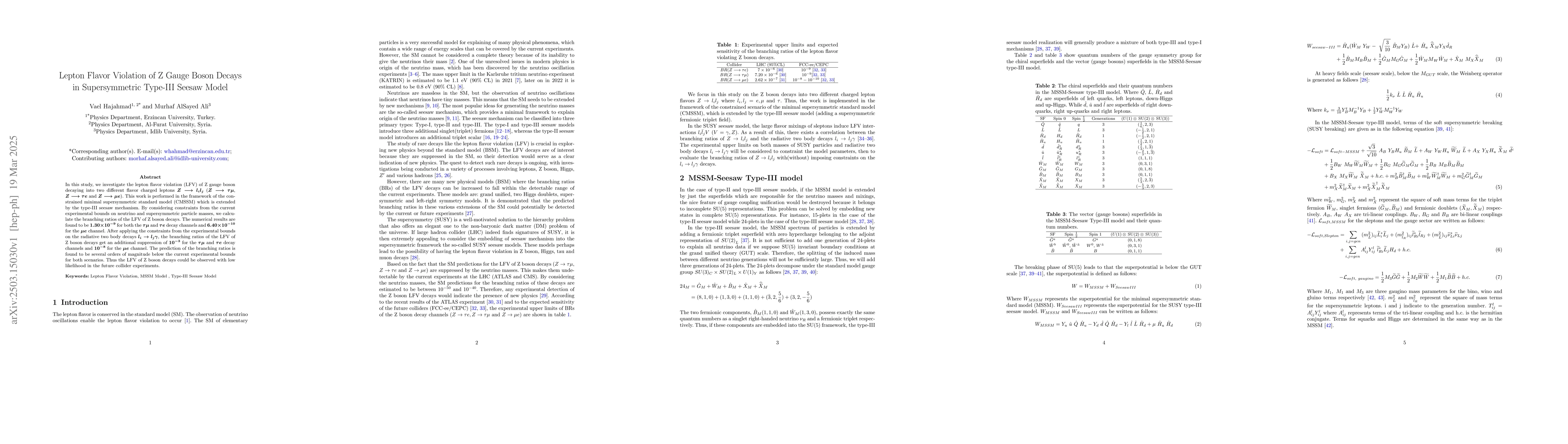 Thumbnail for Lepton Flavor Violation of Z Gauge Boson Decays in Supersymmetric
  Type-III Seesaw Model