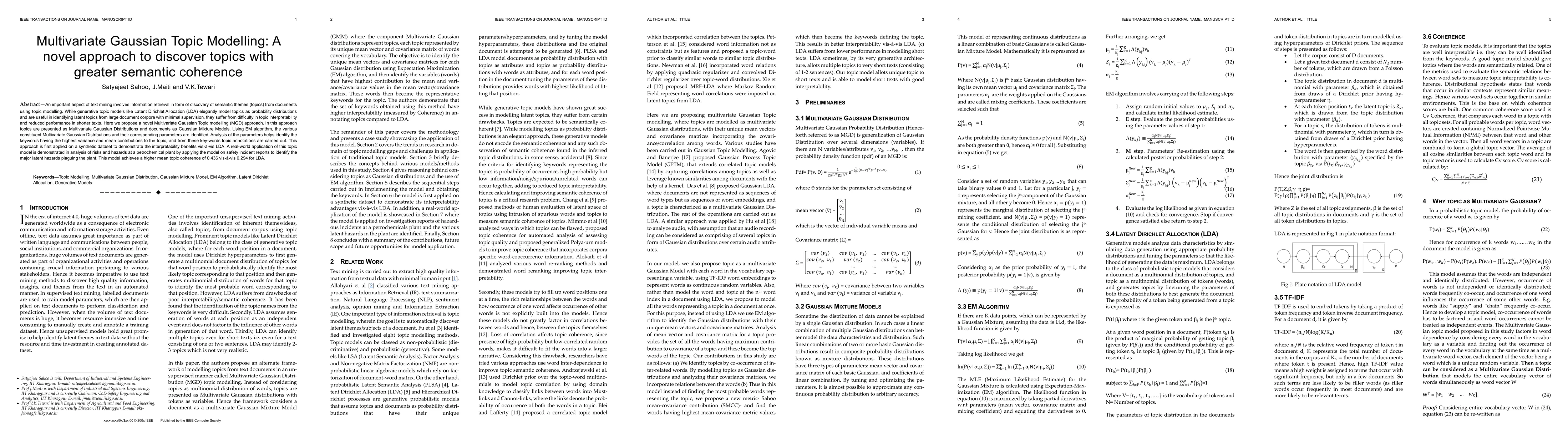 Thumbnail for Multivariate Gaussian Topic Modelling: A novel approach to discover
  topics with greater semantic coherence