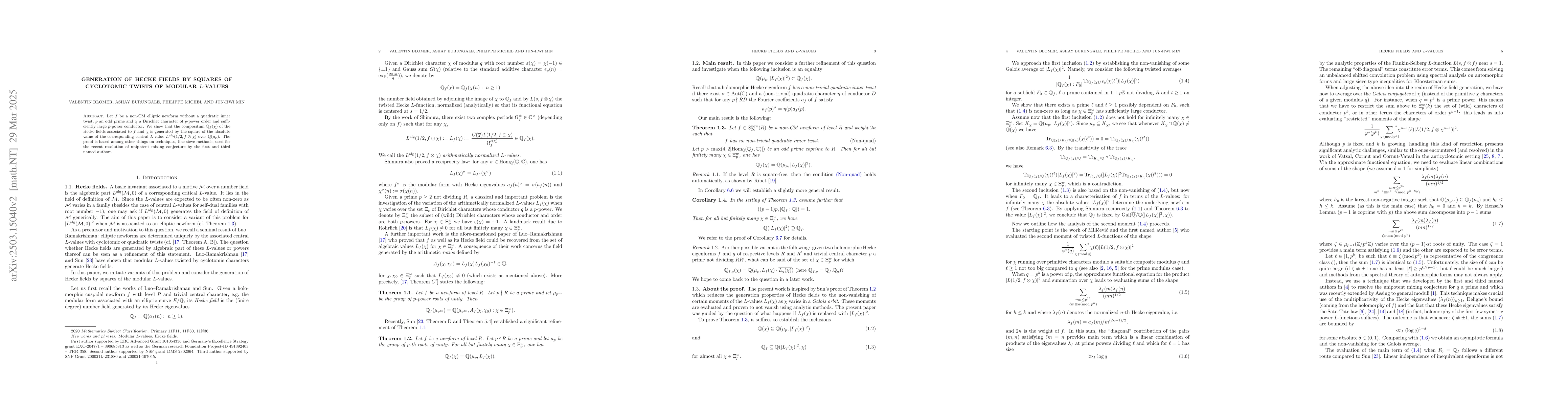 Thumbnail for Generation of Hecke fields by squares of cyclotomic twists of modular
  $L$-values