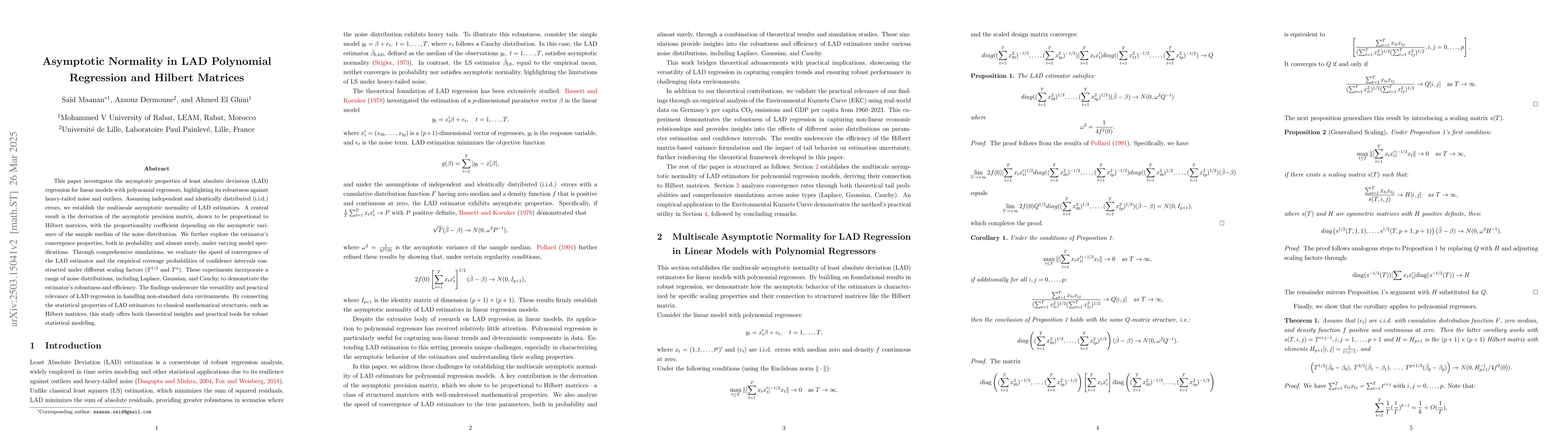 Thumbnail for Asymptotic Normality in LAD Polynomial Regression and Hilbert Matrices