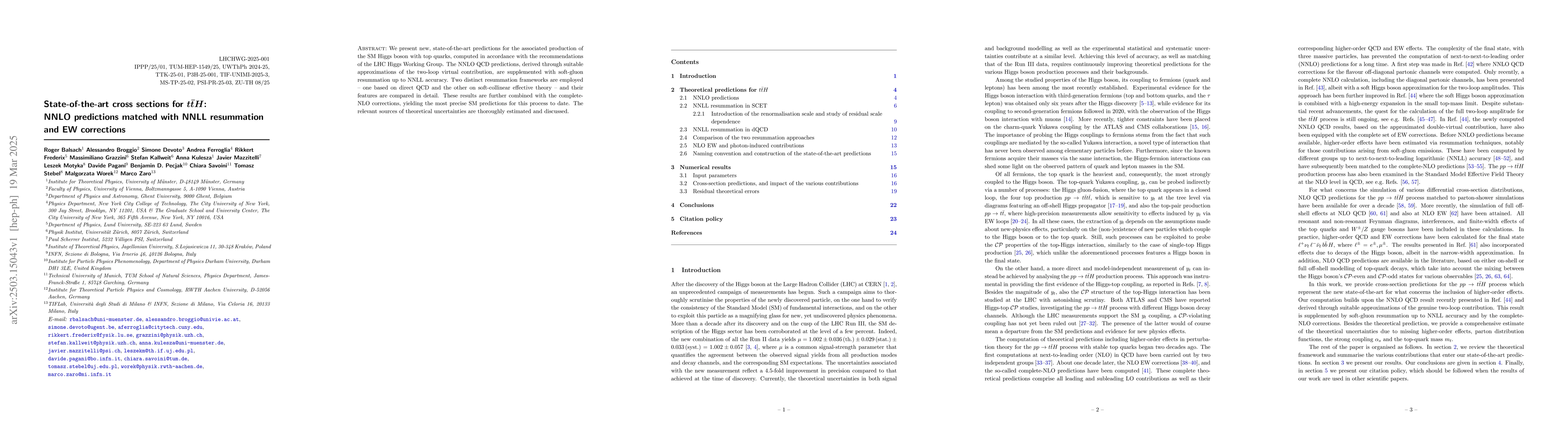Thumbnail for State-of-the-art cross sections for ttH: NNLO predictions matched with
  NNLL resummation and EW corrections