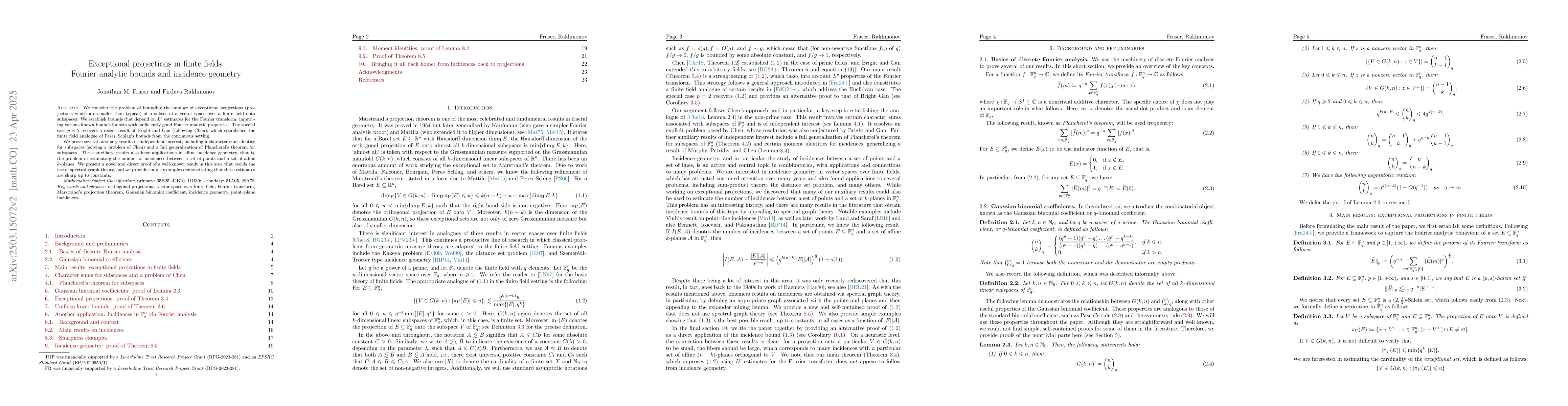 Thumbnail for Exceptional projections in finite fields: Fourier analytic bounds and
  incidence geometry