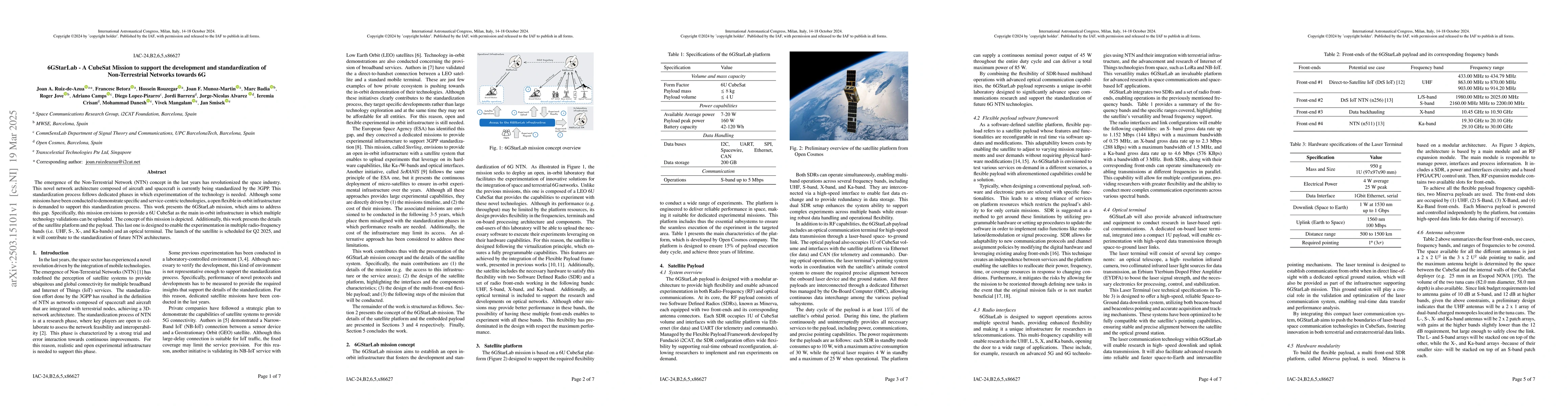 Thumbnail for 6GStarLab -- A CubeSat Mission to support the development and
  standardization of Non-Terrestrial Networks towards 6G
