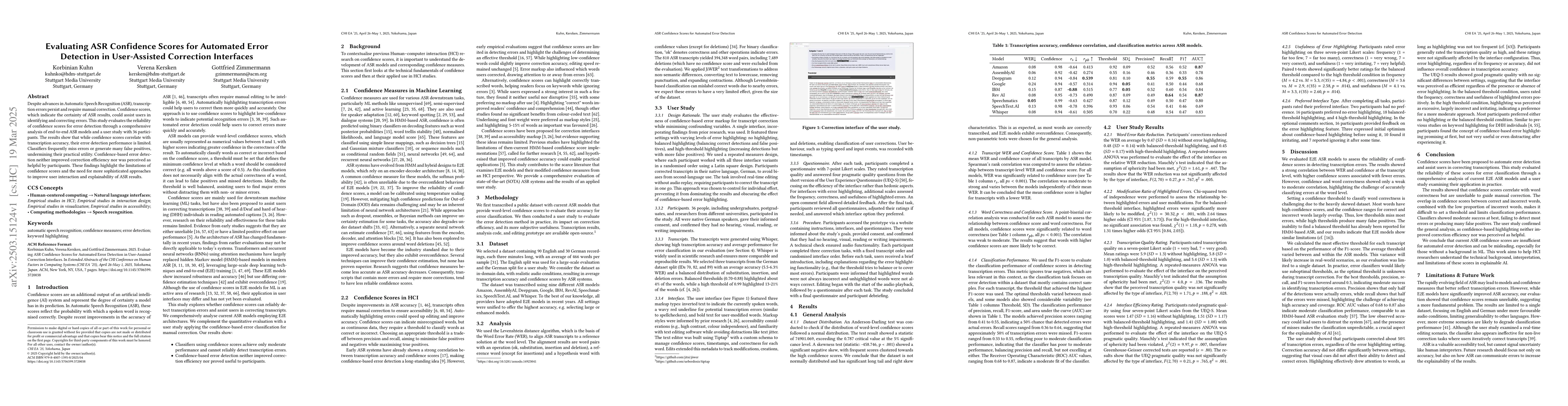 Thumbnail for Evaluating ASR Confidence Scores for Automated Error Detection in
  User-Assisted Correction Interfaces