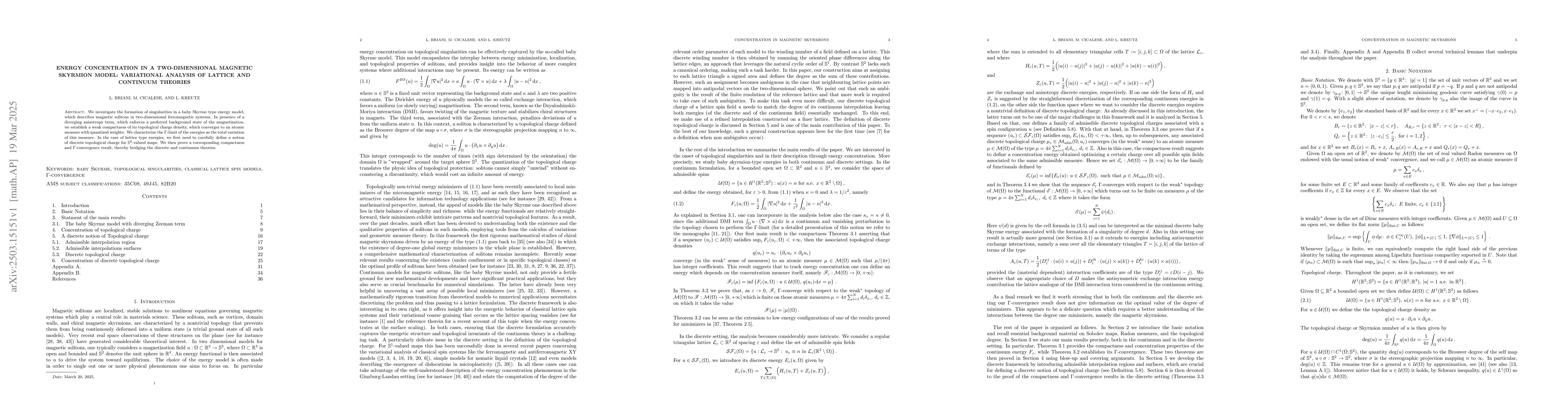 Thumbnail for Energy concentration in a two-dimensional magnetic skyrmion model:
  variational analysis of lattice and continuum theories