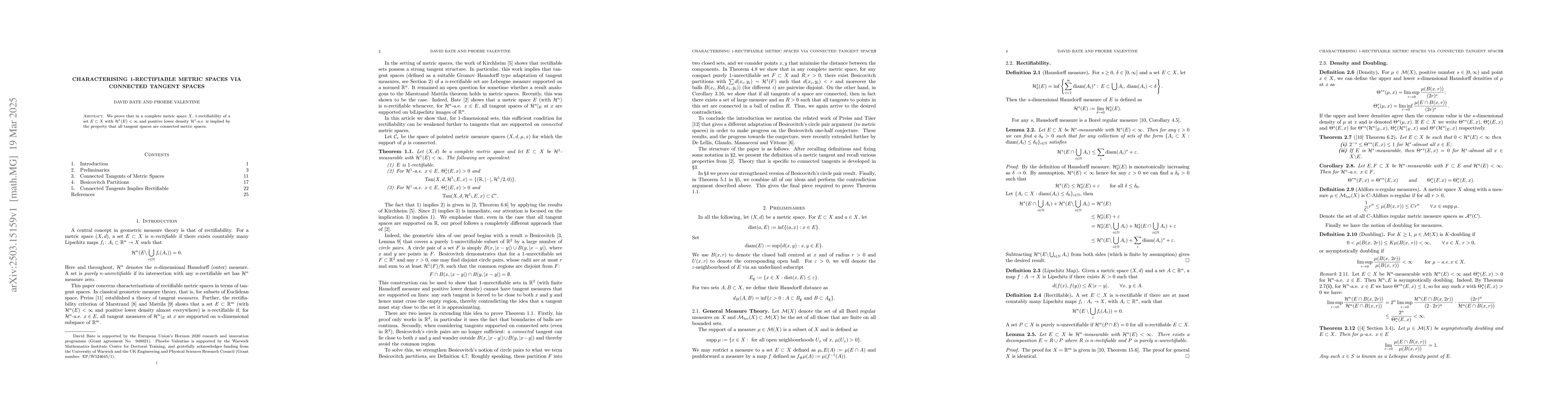 Thumbnail for Characterising 1-rectifiable metric spaces via connected tangent spaces