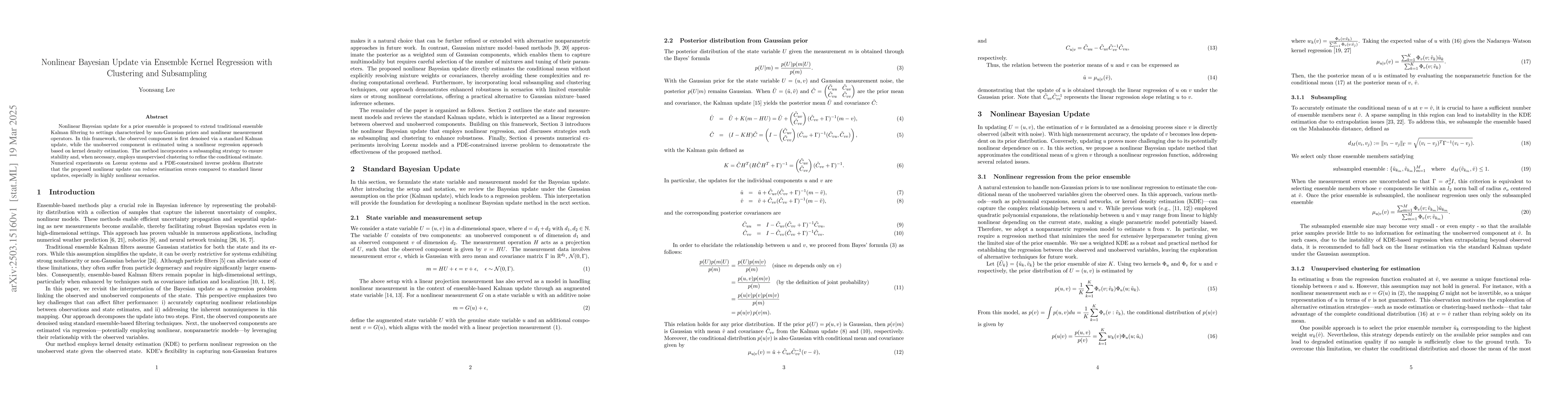 Thumbnail for Nonlinear Bayesian Update via Ensemble Kernel Regression with Clustering
  and Subsampling