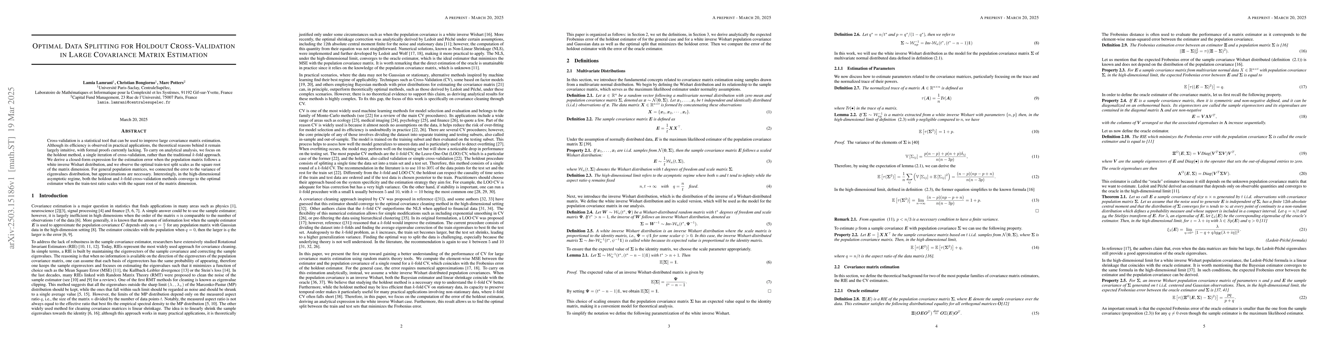 Thumbnail for Optimal Data Splitting for Holdout Cross-Validation in Large Covariance
  Matrix Estimation