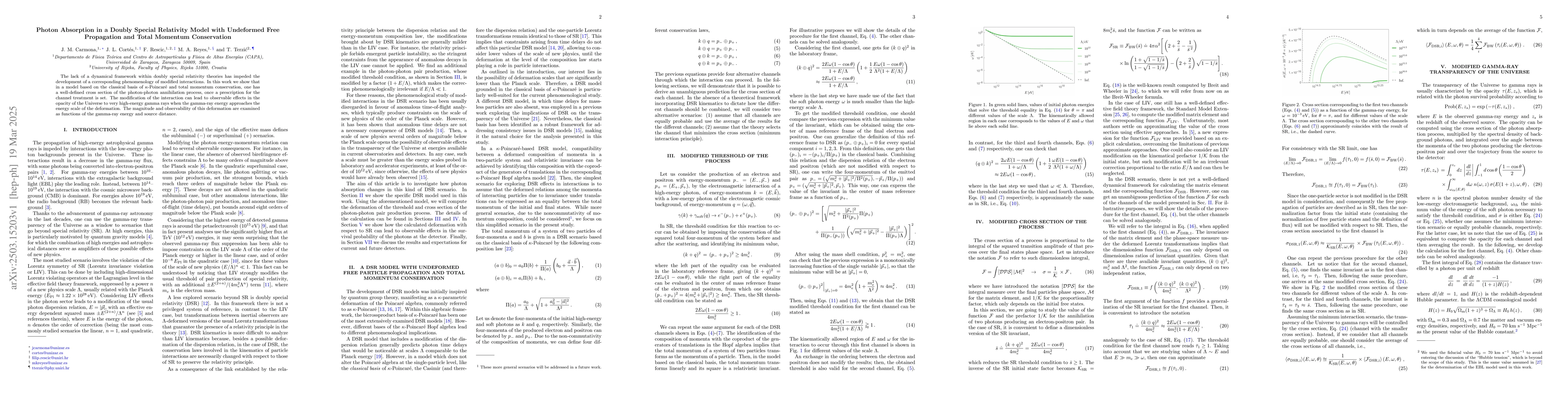 Thumbnail for Photon Absorption in a Doubly Special Relativity Model with Undeformed
  Free Propagation and Total Momentum Conservation