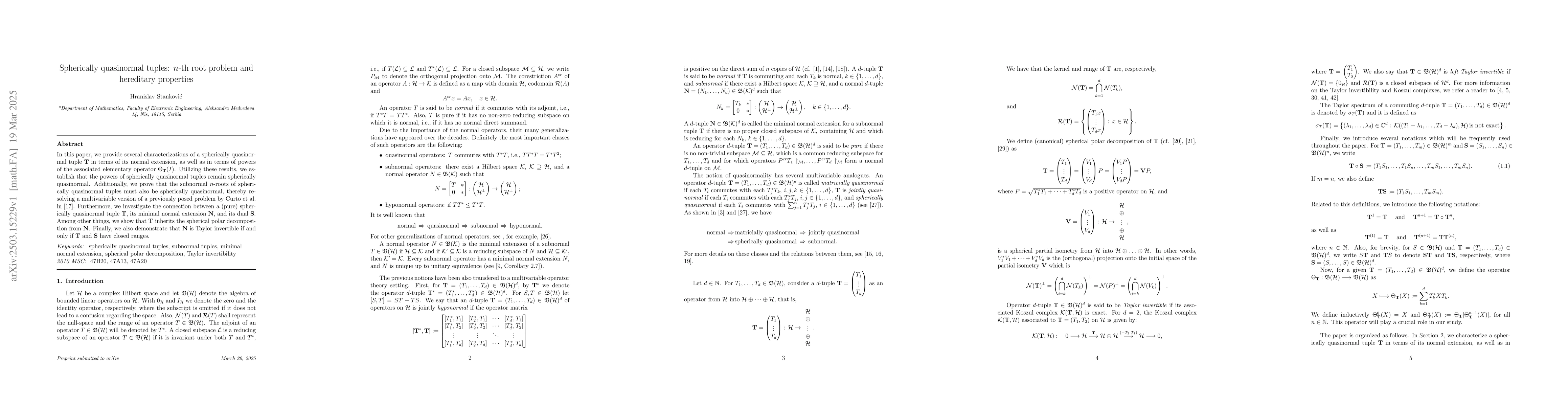 Thumbnail for Spherically quasinormal tuples: $n$-th root problem and hereditary
  properties
