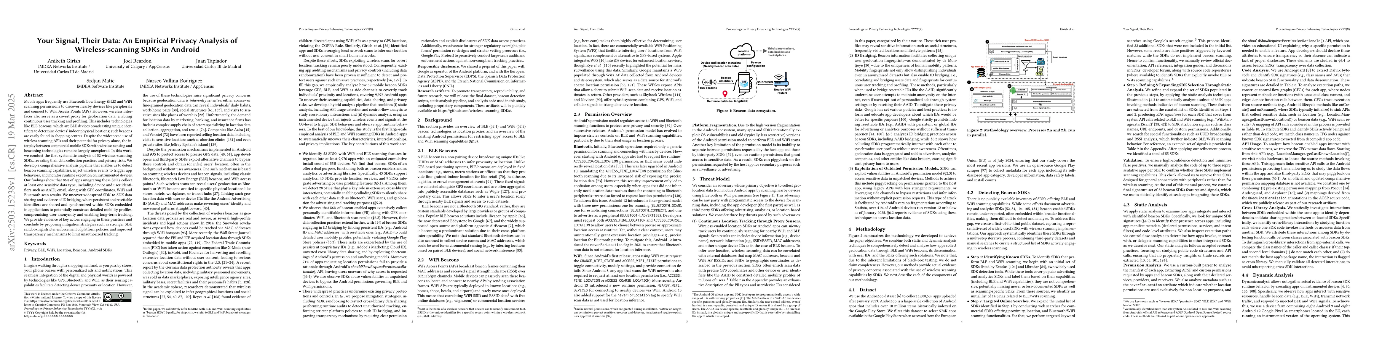 Thumbnail for Your Signal, Their Data: An Empirical Privacy Analysis of
  Wireless-scanning SDKs in Android