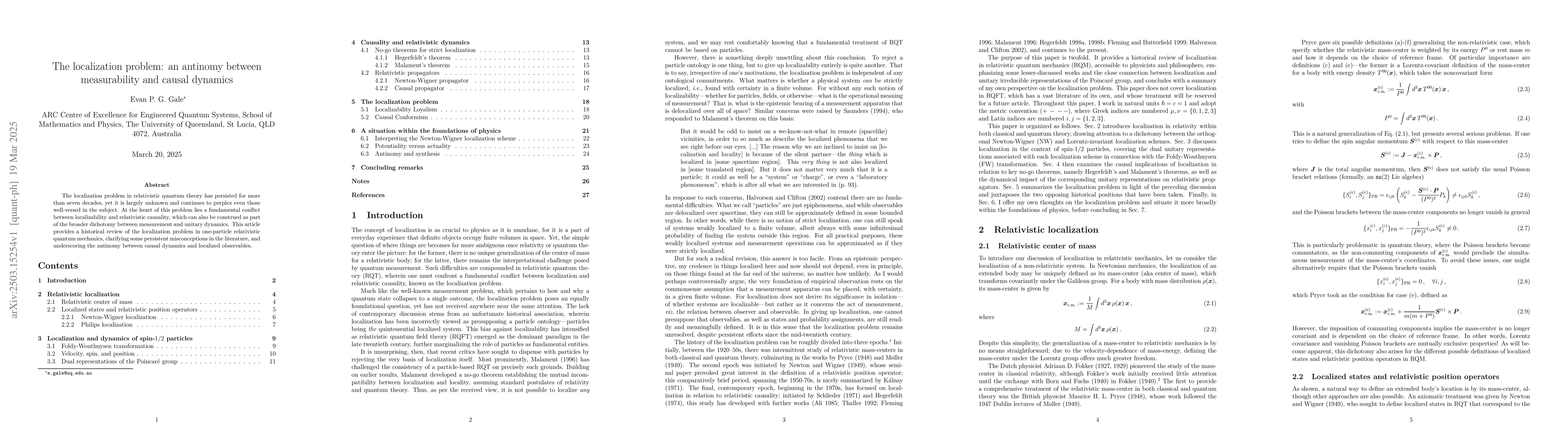 Thumbnail for The localization problem: an antinomy between measurability and causal
  dynamics