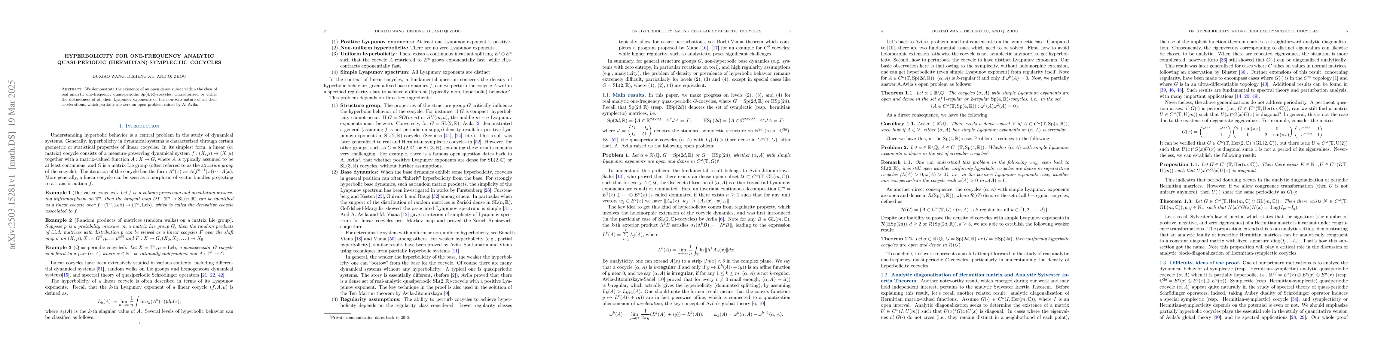 Thumbnail for Hyperbolicity for one-frequency analytic quasi-periodic
  (Hermitian)-symplectic cocycles