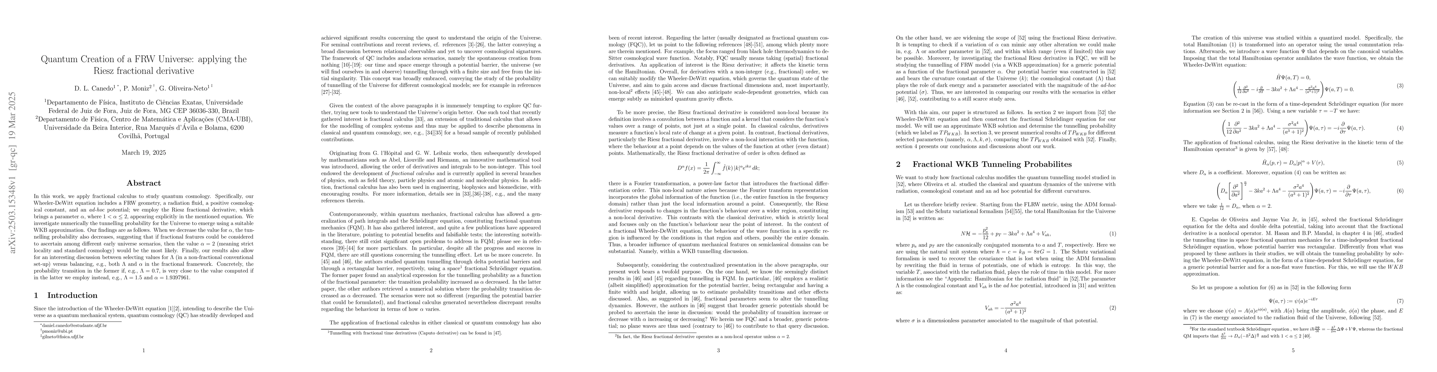 Thumbnail for Quantum Creation of a FRW Universe: applying the Riesz fractional
  derivative