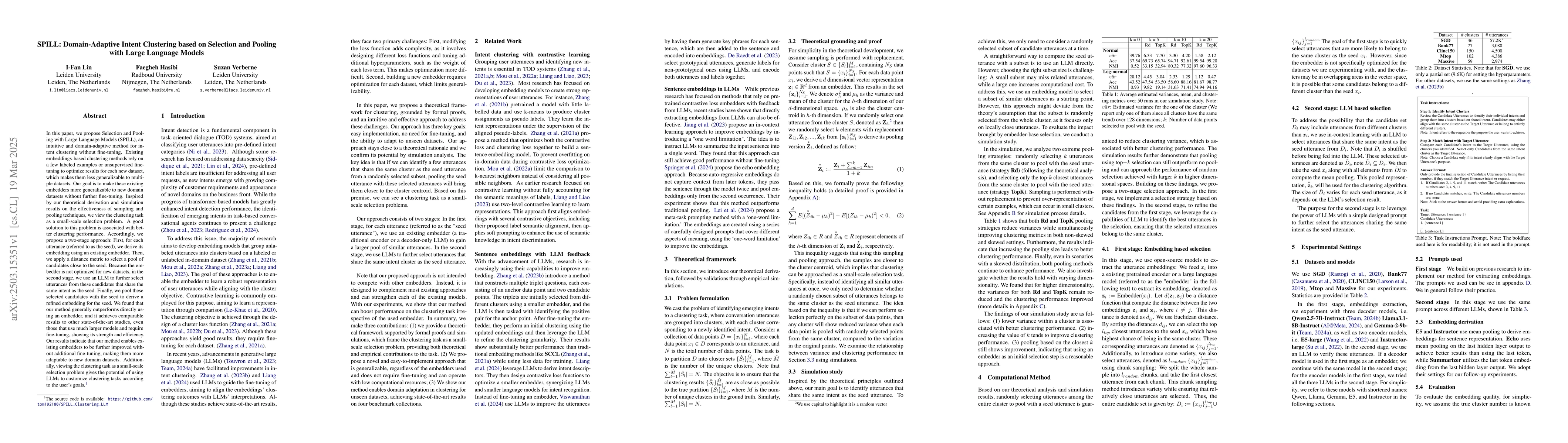 Thumbnail for SPILL: Domain-Adaptive Intent Clustering based on Selection and Pooling
  with Large Language Models