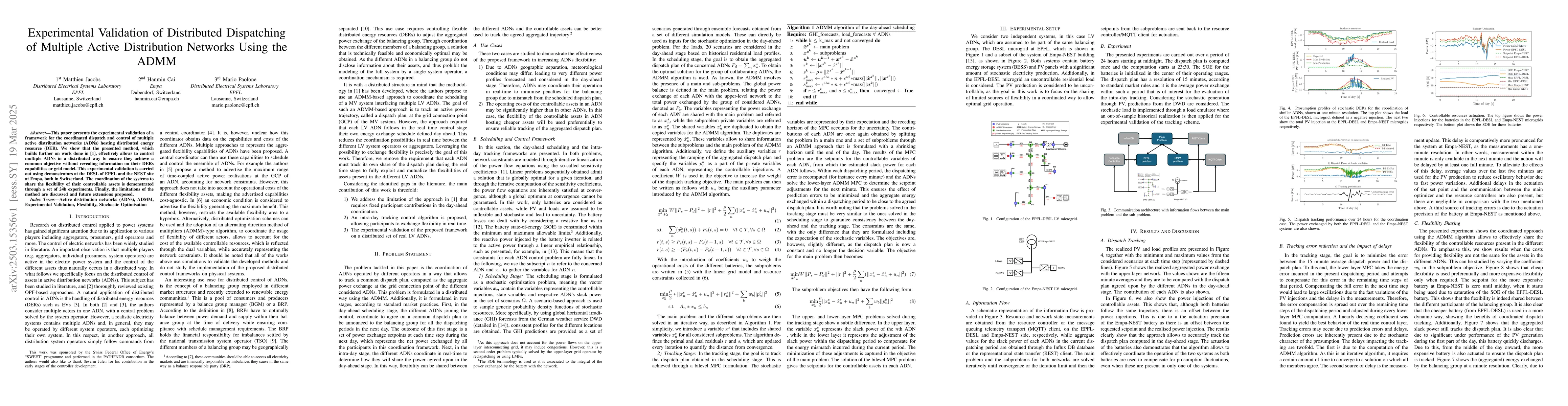 Thumbnail for Experimental Validation of Distributed Dispatching of Multiple Active
  Distribution Networks Using the ADMM