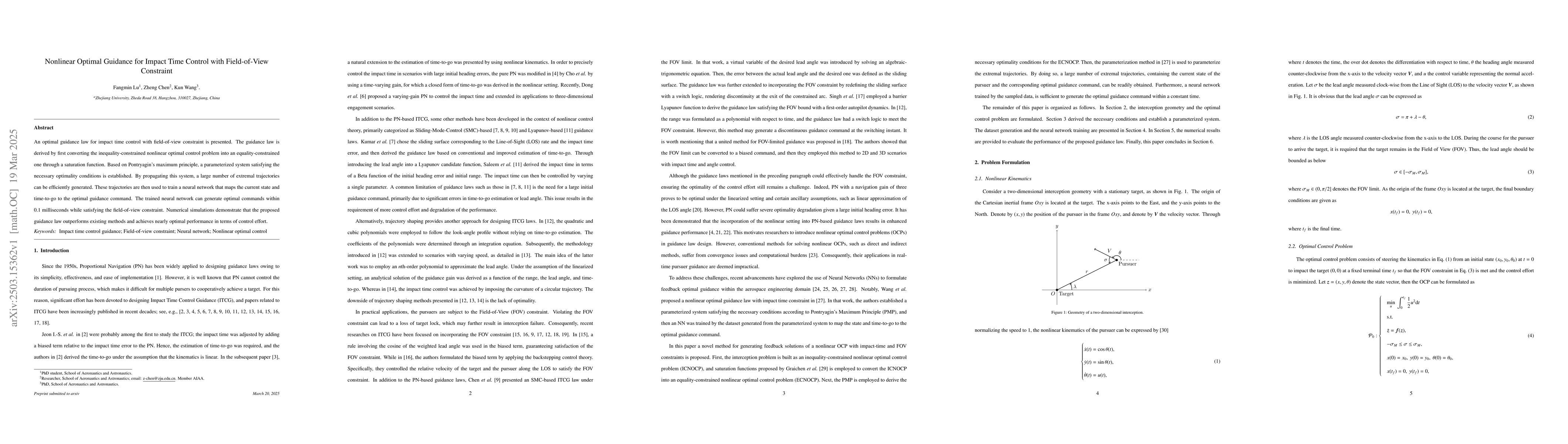 Thumbnail for Nonlinear Optimal Guidance for Impact Time Control with Field-of-View
  Constraint