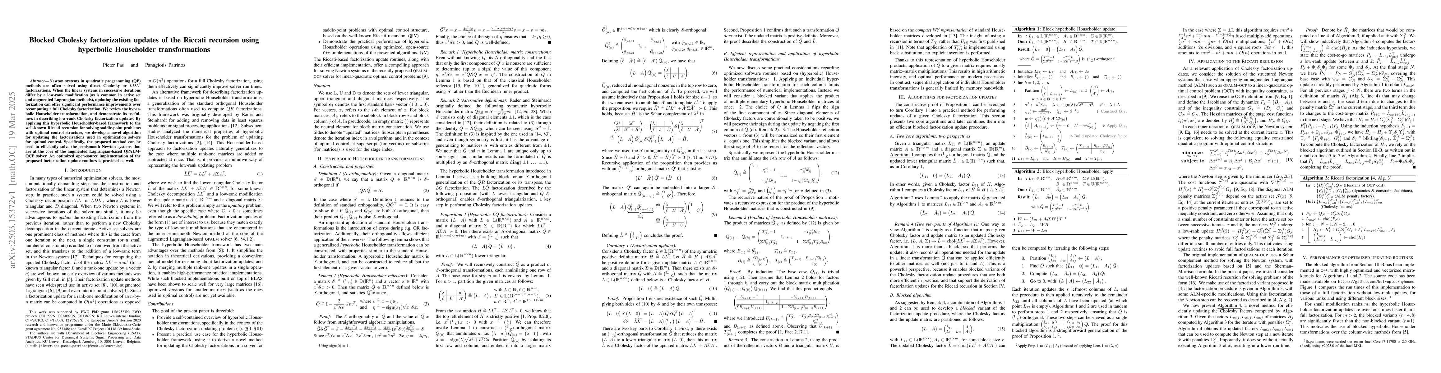 Thumbnail for Blocked Cholesky factorization updates of the Riccati recursion using
  hyperbolic Householder transformations