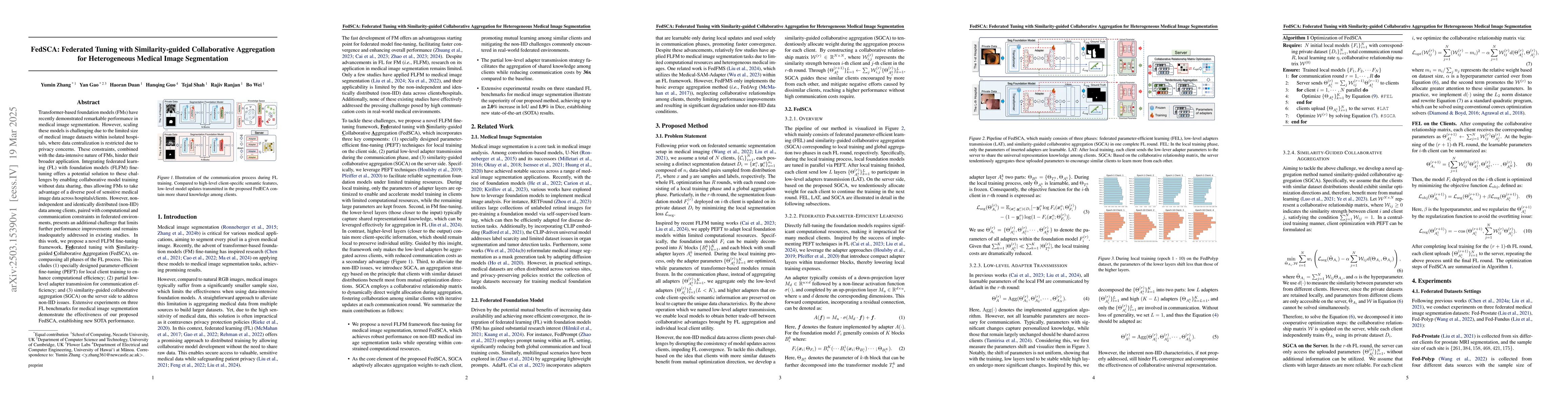 Thumbnail for FedSCA: Federated Tuning with Similarity-guided Collaborative
  Aggregation for Heterogeneous Medical Image Segmentation