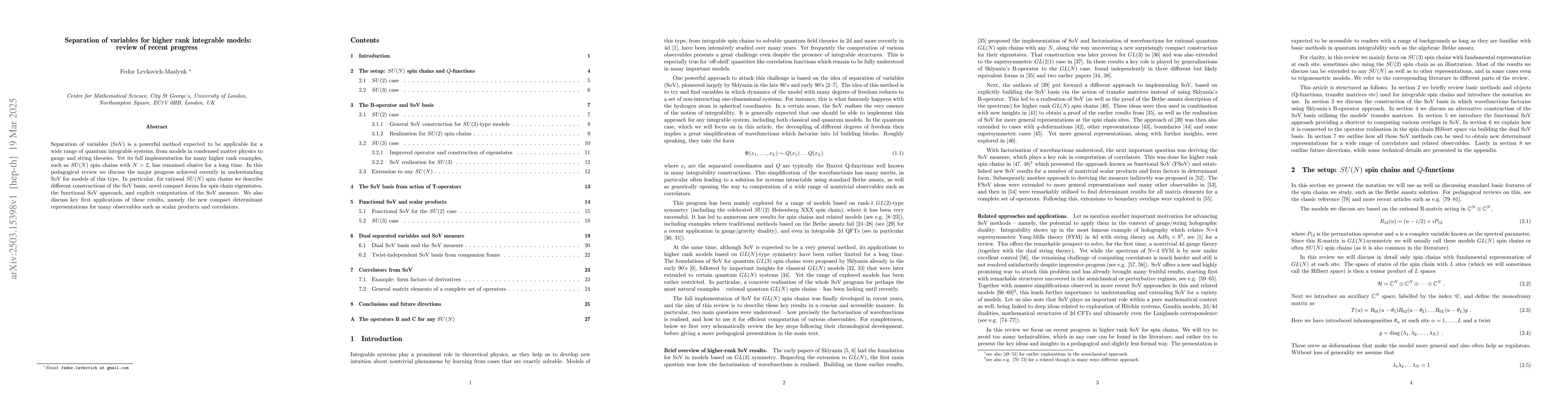 Thumbnail for Separation of variables for higher rank integrable models: review of
  recent progress