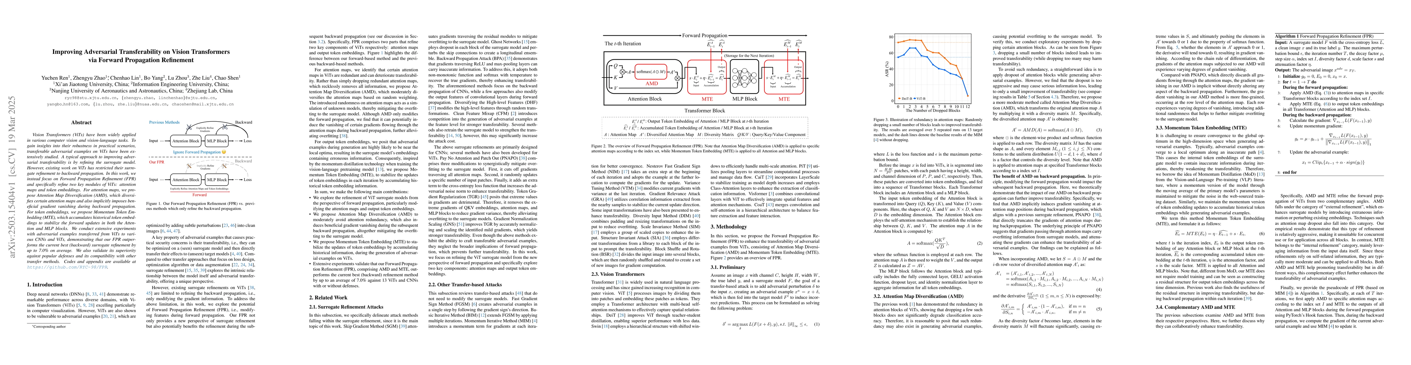 Thumbnail for Improving Adversarial Transferability on Vision Transformers via Forward
  Propagation Refinement