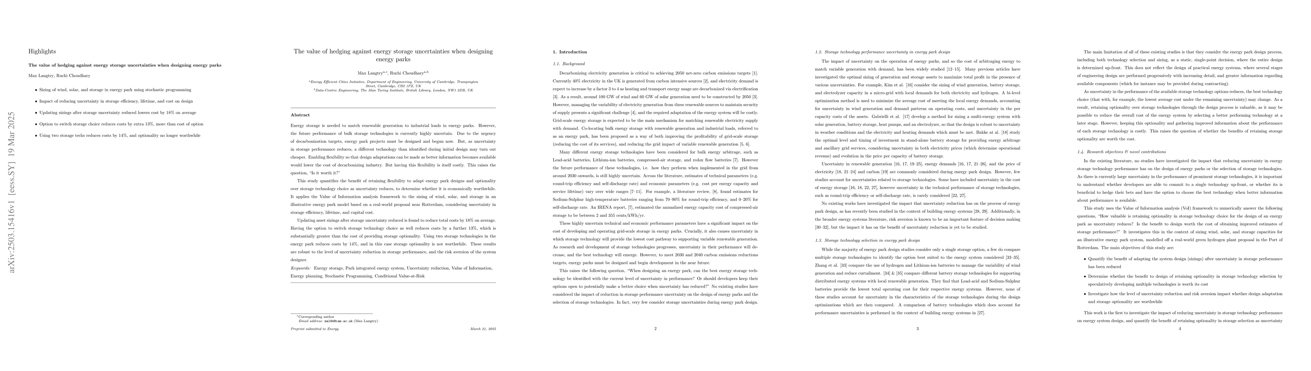 Thumbnail for The value of hedging against energy storage uncertainties when designing
  energy parks