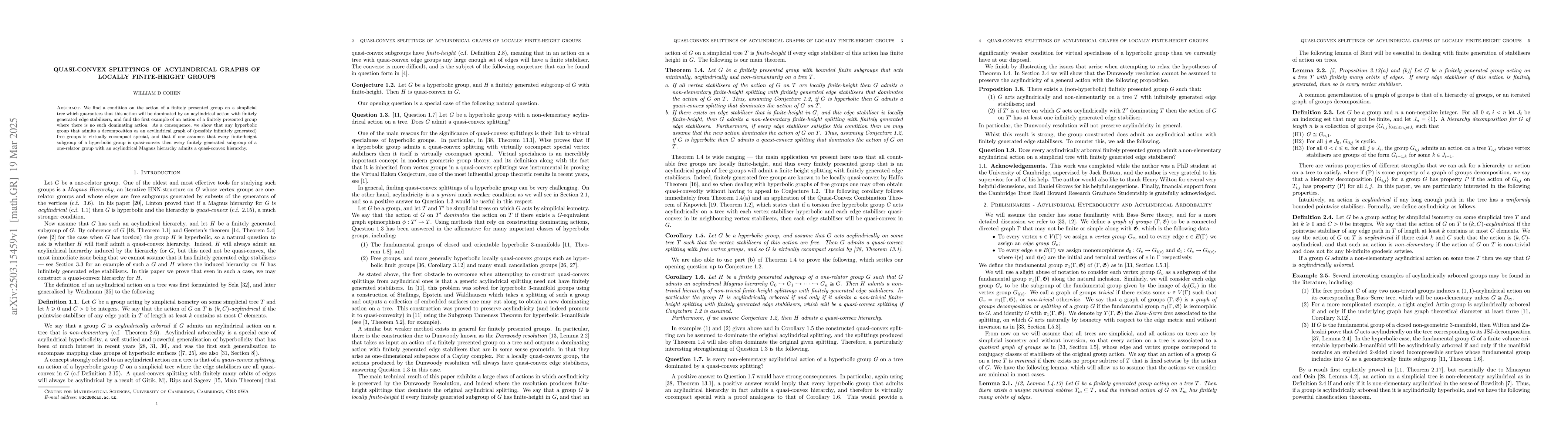 Thumbnail for Quasi-convex Splittings of Acylindrical Graphs of Locally Finite-Height
  Groups
