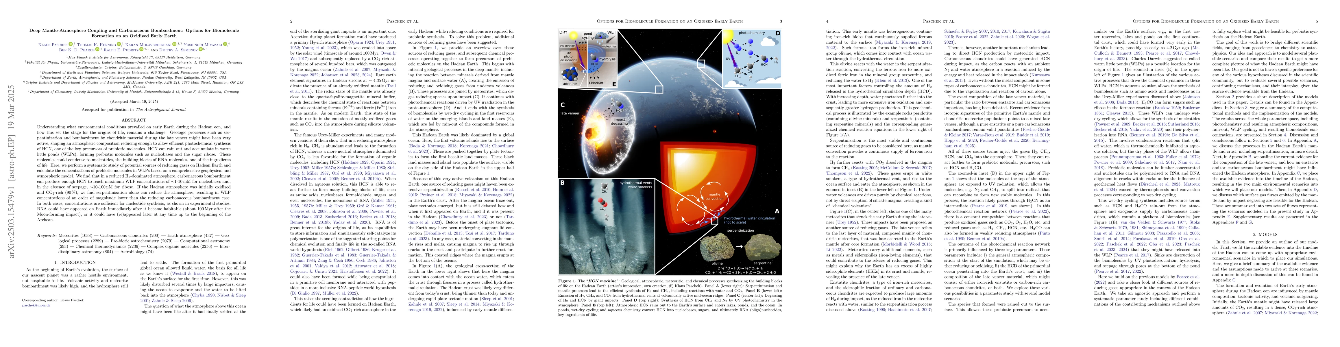 Thumbnail for Deep Mantle-Atmosphere Coupling and Carbonaceous Bombardment: Options
  for Biomolecule Formation on an Oxidized Early Earth
