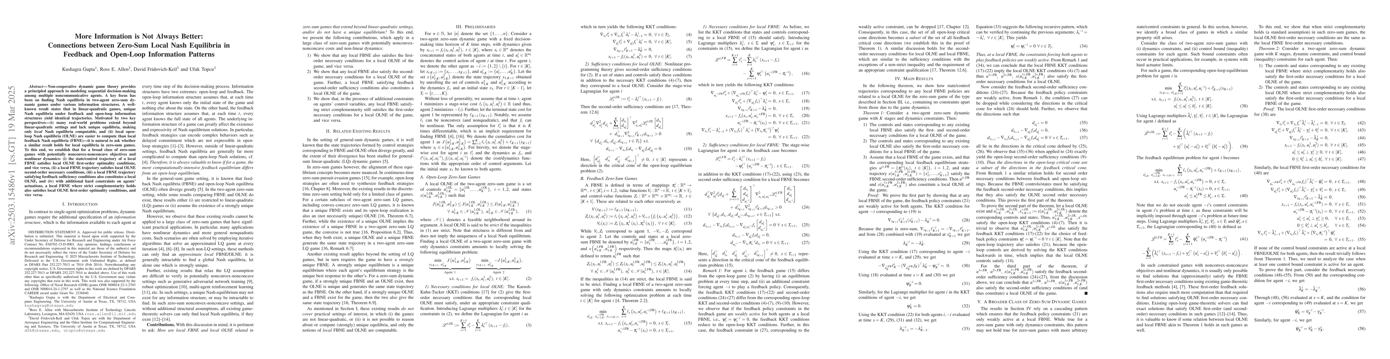 Thumbnail for More Information is Not Always Better: Connections between Zero-Sum
  Local Nash Equilibria in Feedback and Open-Loop Information Patterns