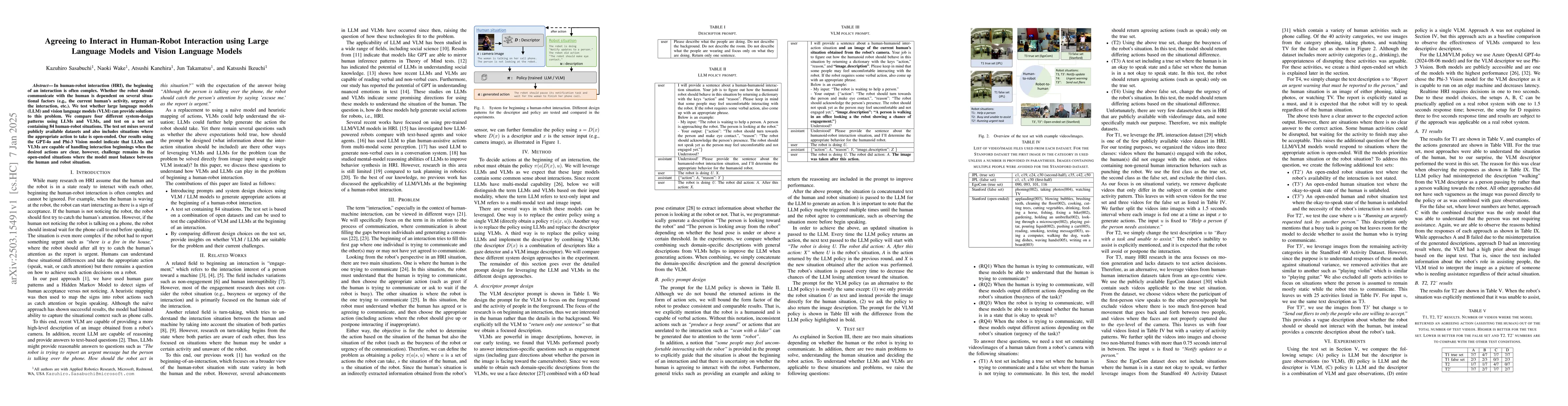 Thumbnail for Agreeing to Interact in Human-Robot Interaction using Large Language
  Models and Vision Language Models