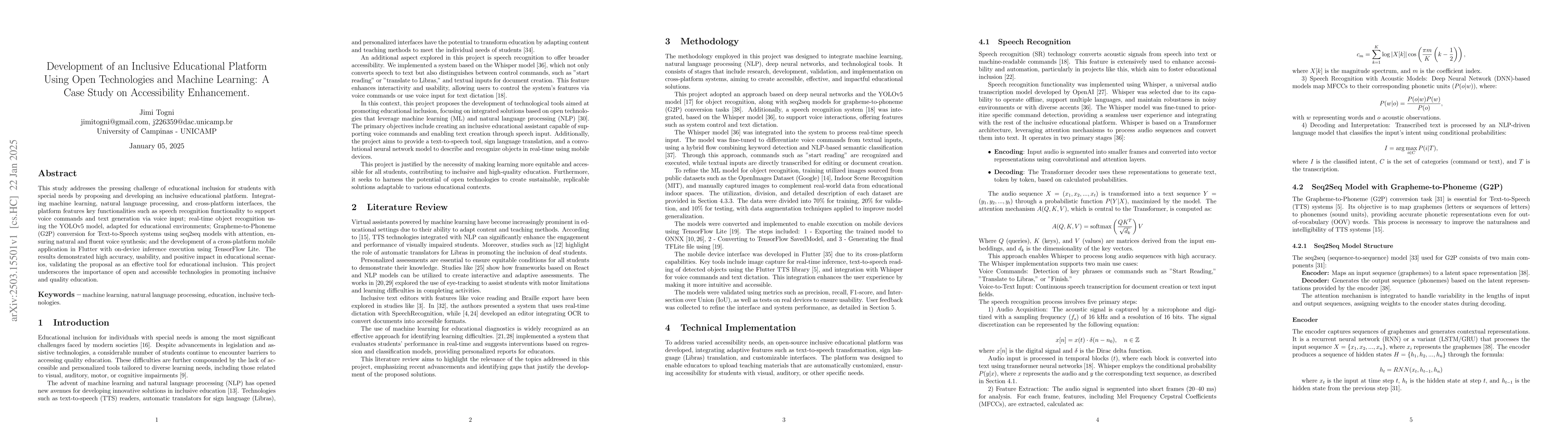Thumbnail for Development of an Inclusive Educational Platform Using Open Technologies
  and Machine Learning: A Case Study on Accessibility Enhancement