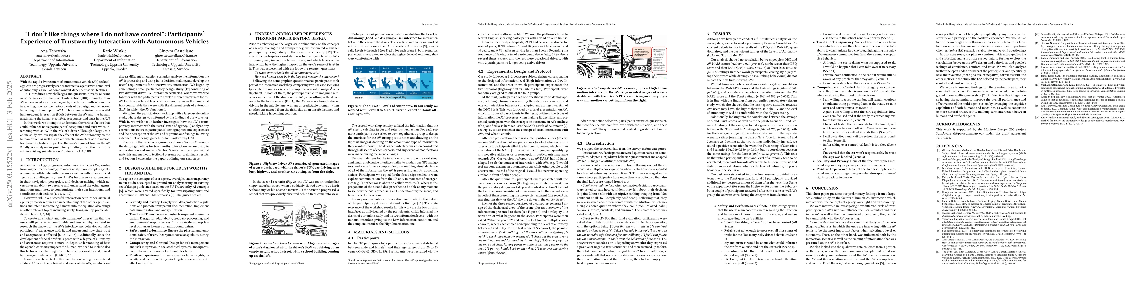 Thumbnail for "I don't like things where I do not have control": Participants'
  Experience of Trustworthy Interaction with Autonomous Vehicles