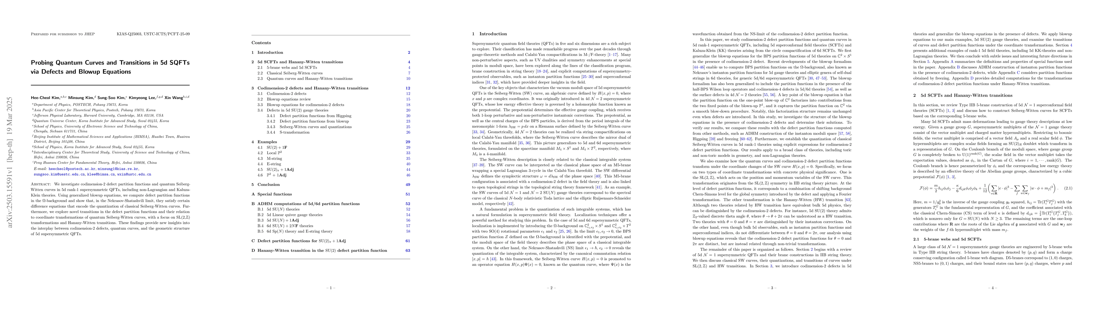 Thumbnail for Probing Quantum Curves and Transitions in 5d SQFTs via Defects and
  Blowup Equations